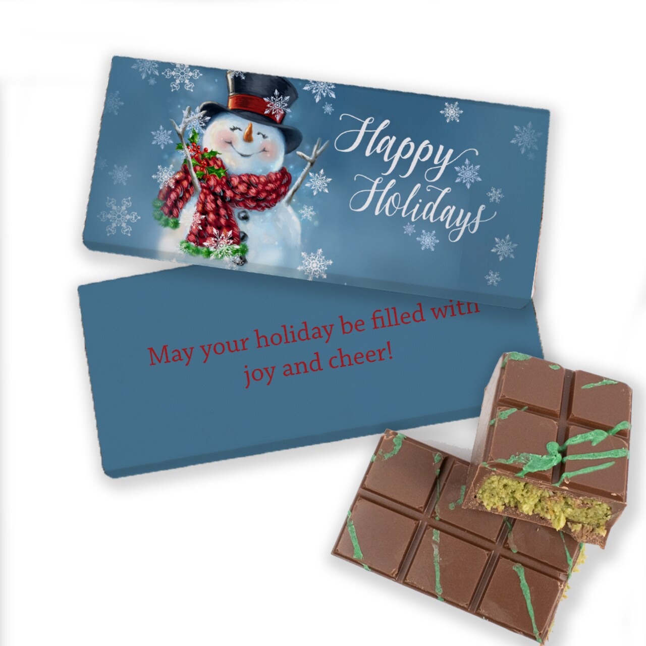 Christmas 3.8oz Dubai Chocolate Bar Party Favors For Gifting, Stocking Stuffers & More - Happy Holidays Jolly Snowman